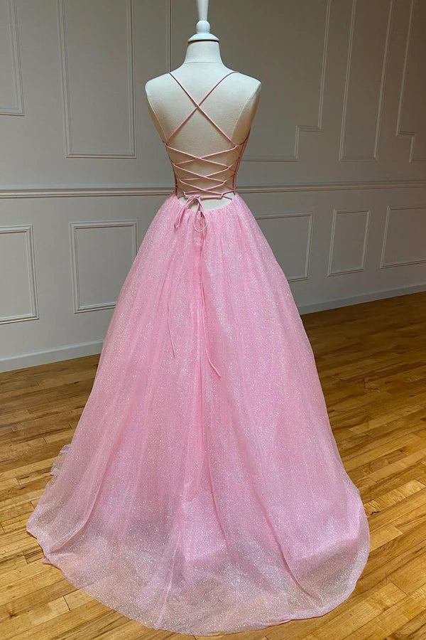 Pink Tulle Long Backless Prom Dress A-Line V Neck Party Dress